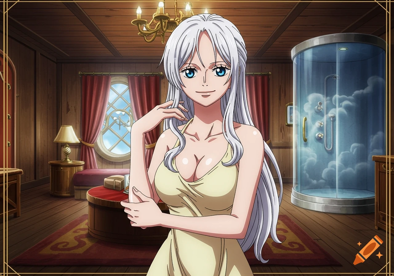 Anime character, a woman with long white hair and blue eyes, in a light dress in a room with a shower.