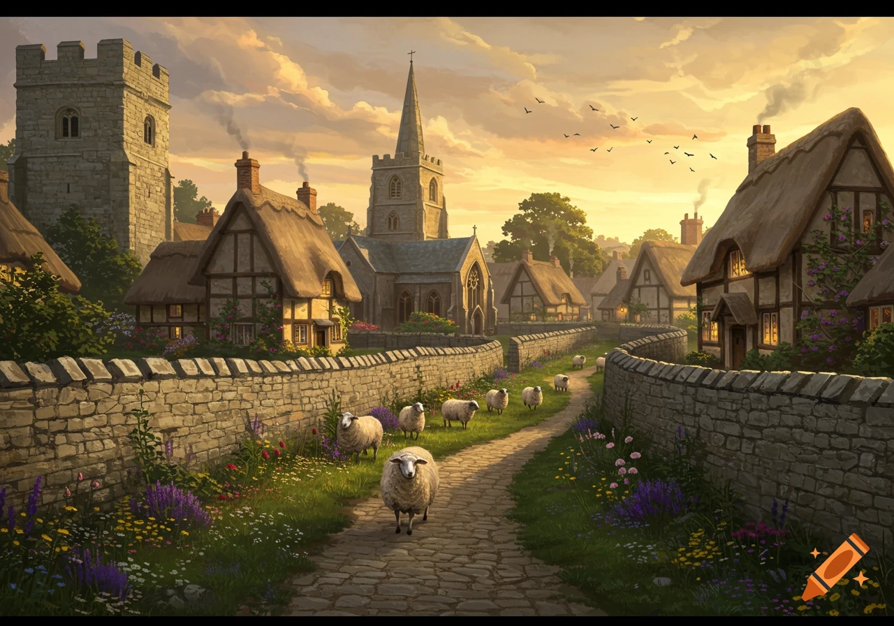 An illustrative scene of an old English village with thatched-roof houses, a church, stone walls, and sheep on a path at sunset.