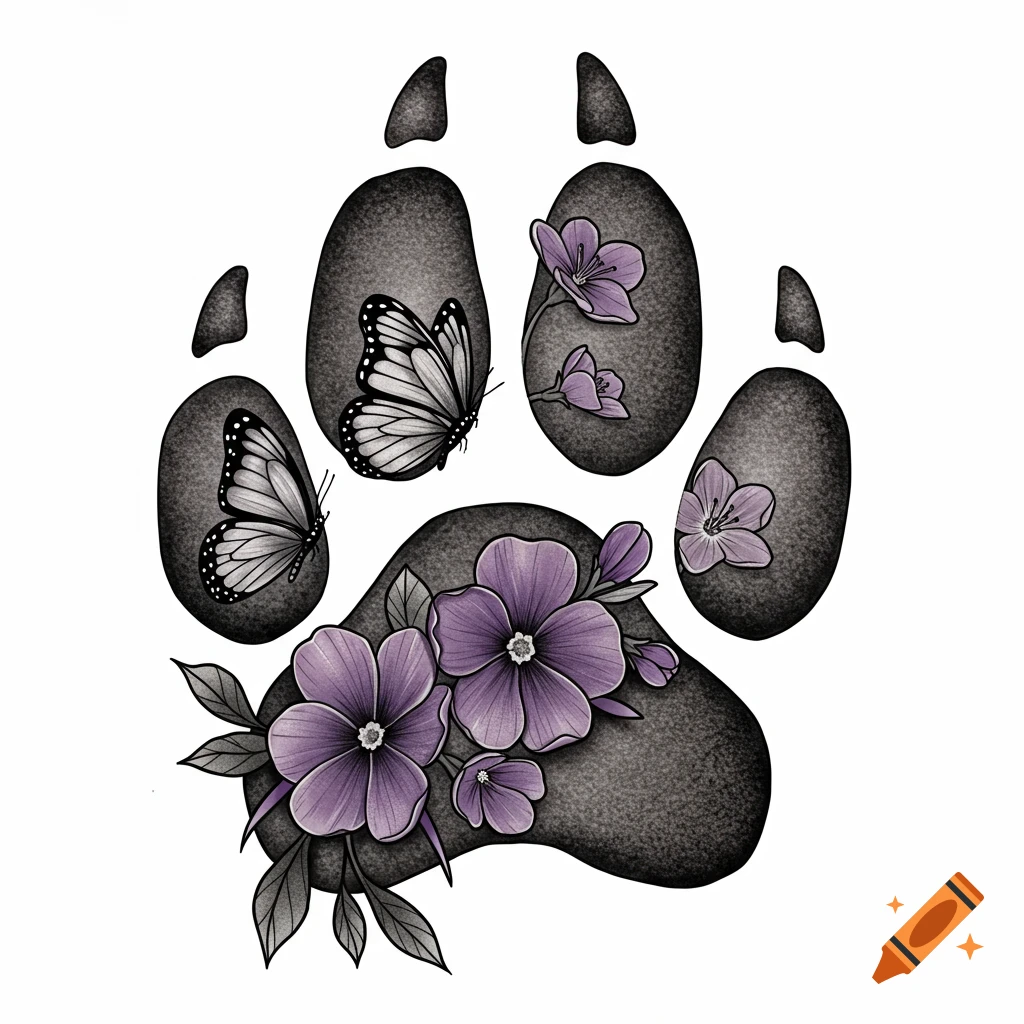 A paw print design with violet flowers and butterflies inside, in a ...