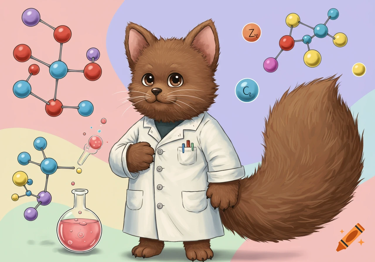A furry cat wearing a lab coat stands among chemistry molecules and lab equipment in a colorful illustration.