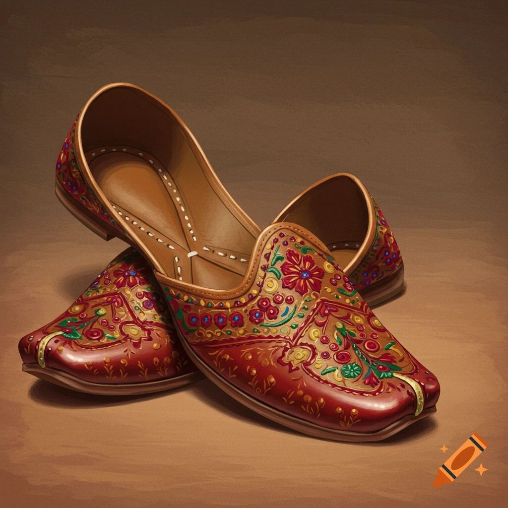 Pair of red traditional shoes with colorful embroidered patterns.