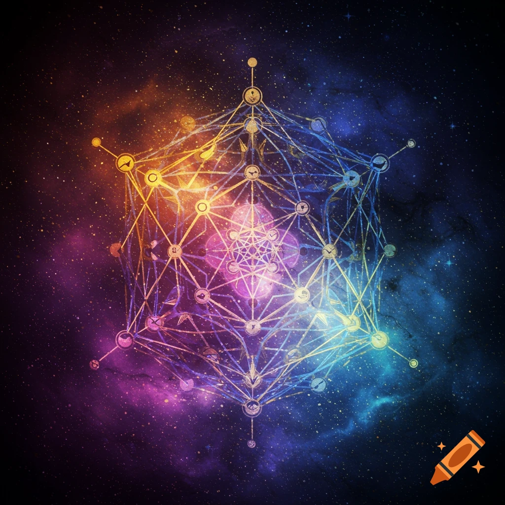 A complex geometric symbol with intricate lines and circles in vibrant purple, pink, orange, and blue hues against a dark starry space background with nebulas.