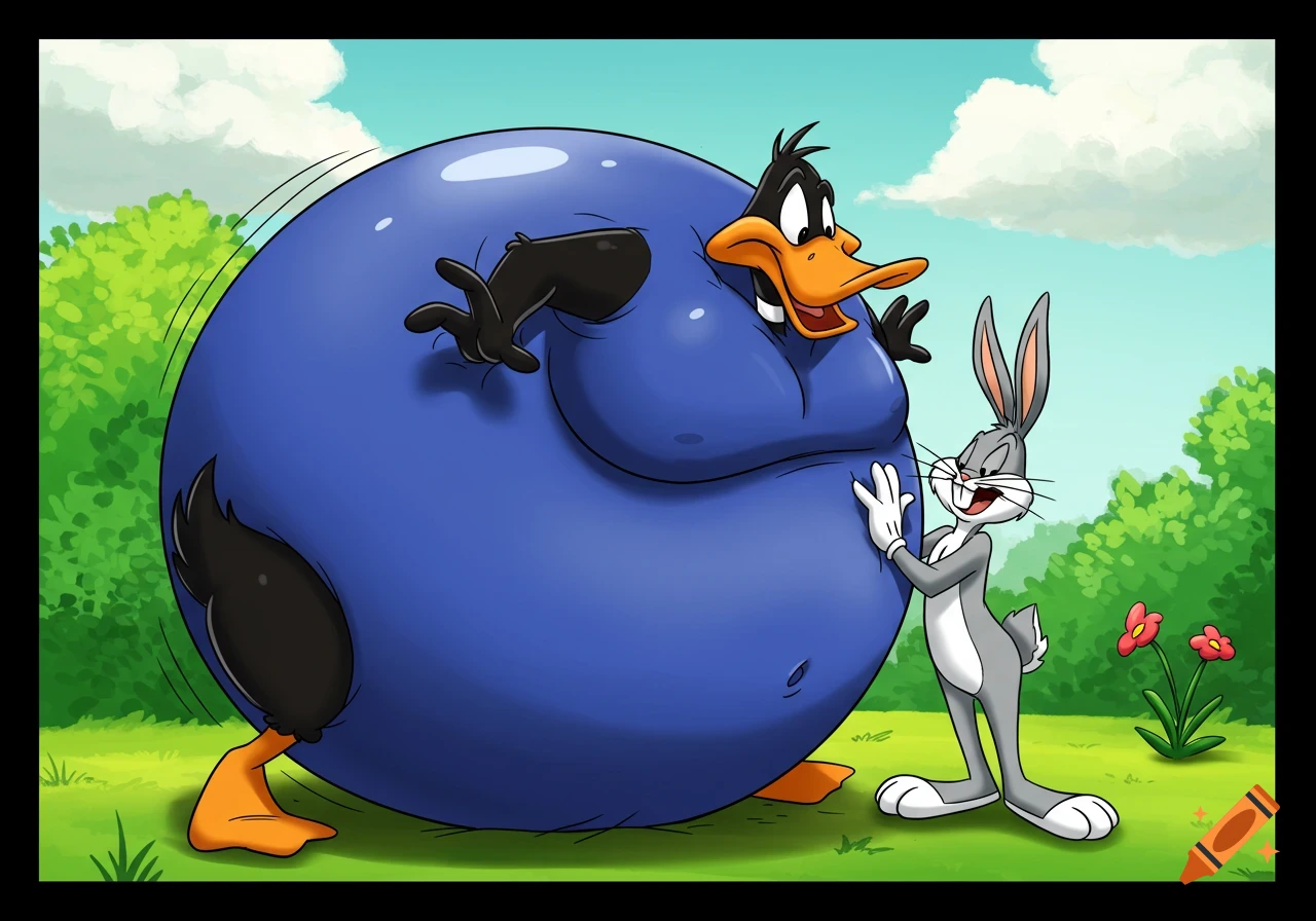 Bugs Bunny leans on an inflated, blueberry-shaped Daffy Duck in a park setting.