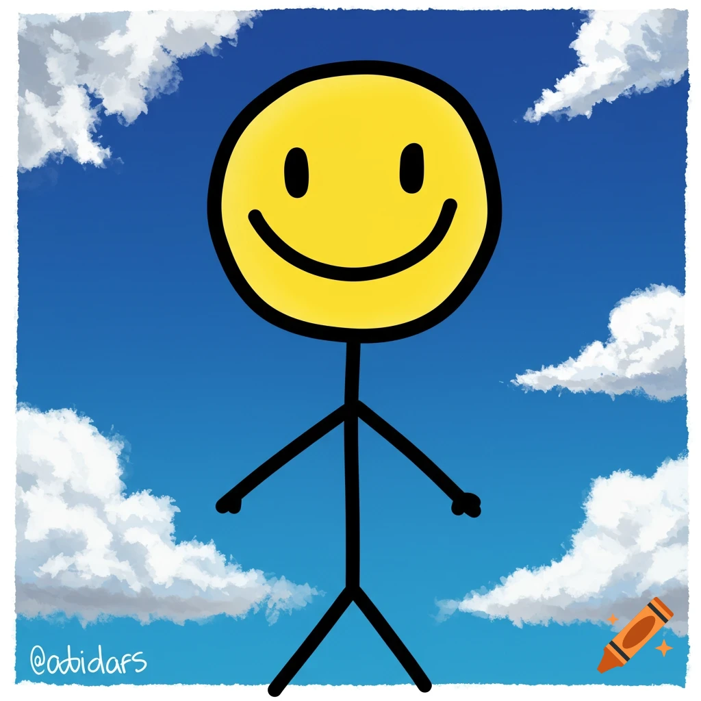 A stick figure with a yellow smiley face stands against a blue sky with clouds.