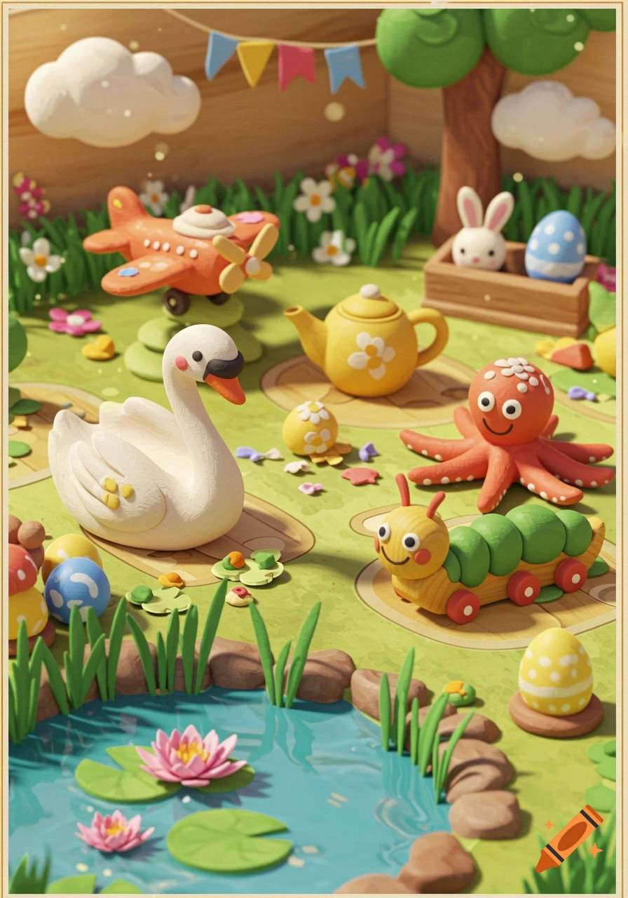 Claymation diorama of toys and animals including a swan, airplane, caterpillar, rabbit, and octopus in a garden with Easter eggs.