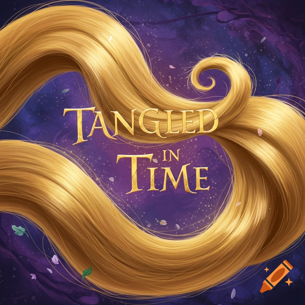 Golden hair flowing across a starry purple background with the title 'Tangled In Time' stylized from hair.