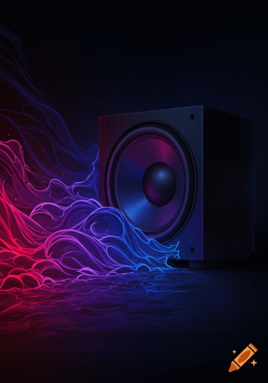 Subwoofer with flowing red and blue glowing energy