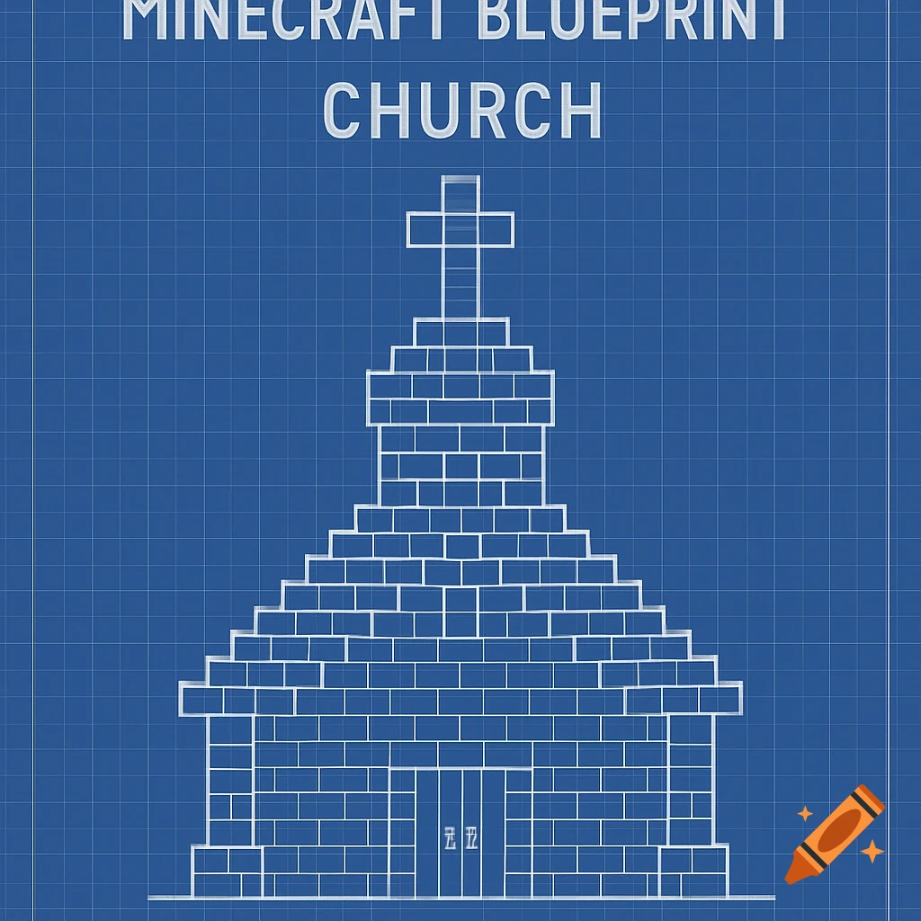 Minecraft church blueprint on a blue grid background.