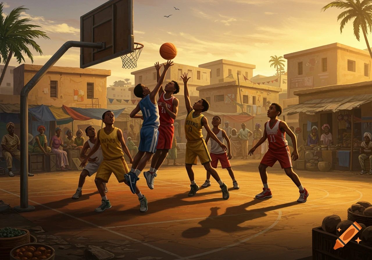 Boys play basketball on an outdoor court in an African village at sunset, painterly style.