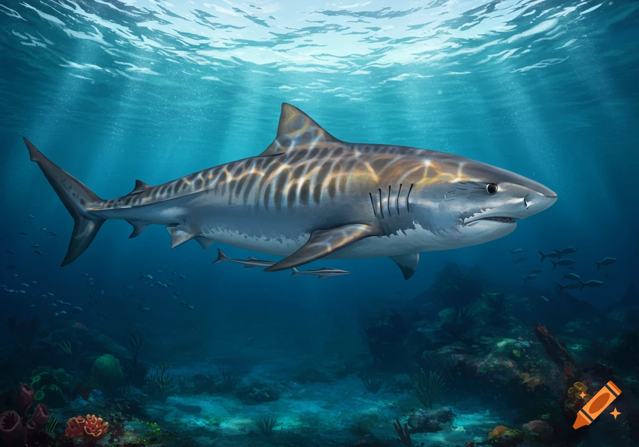 An illustration of a tiger shark swimming underwater above a coral reef, with sunbeams shining down from the surface.