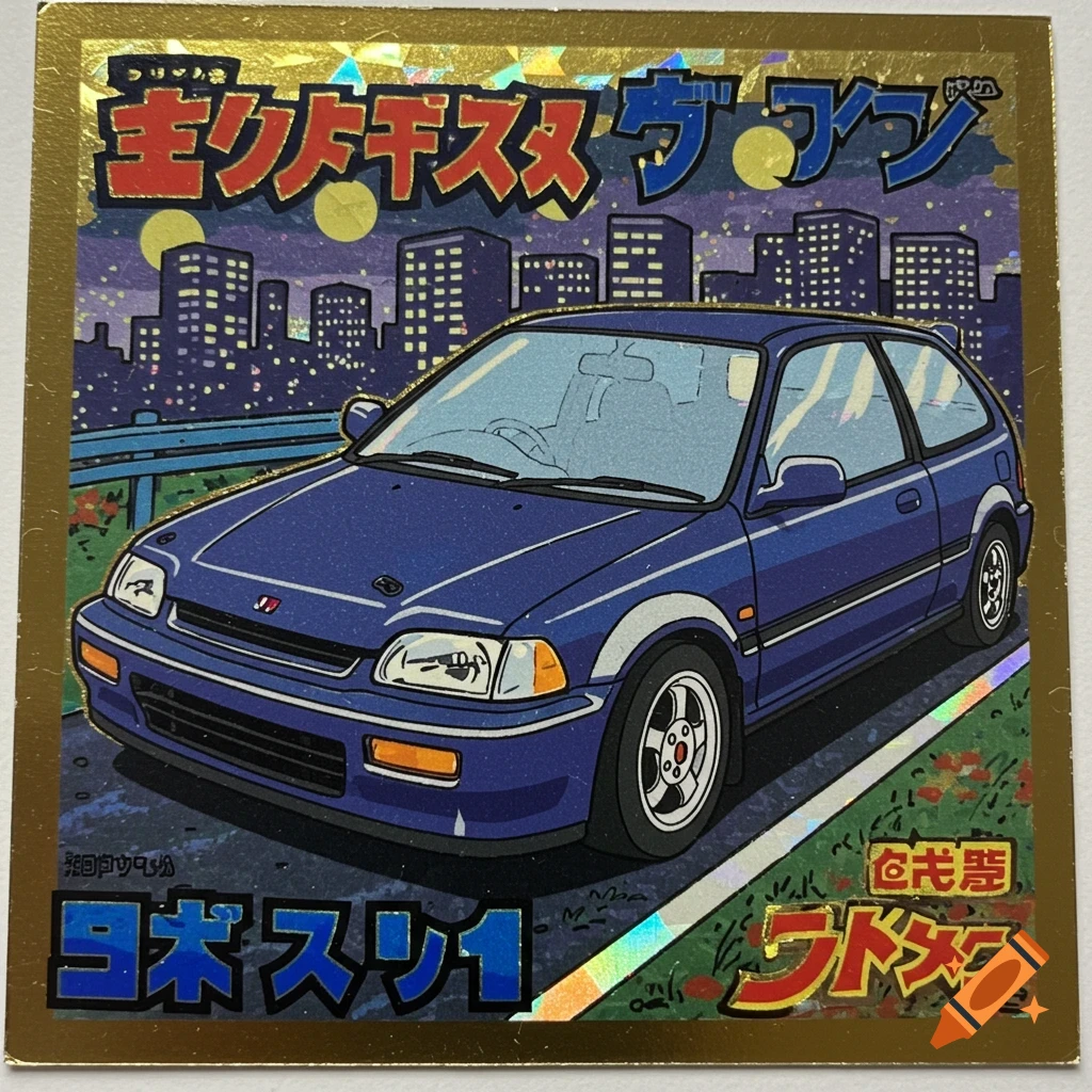 A blue Honda Civic car sticker in Bikkuriman anime style, with Japanese text and a cityscape background.