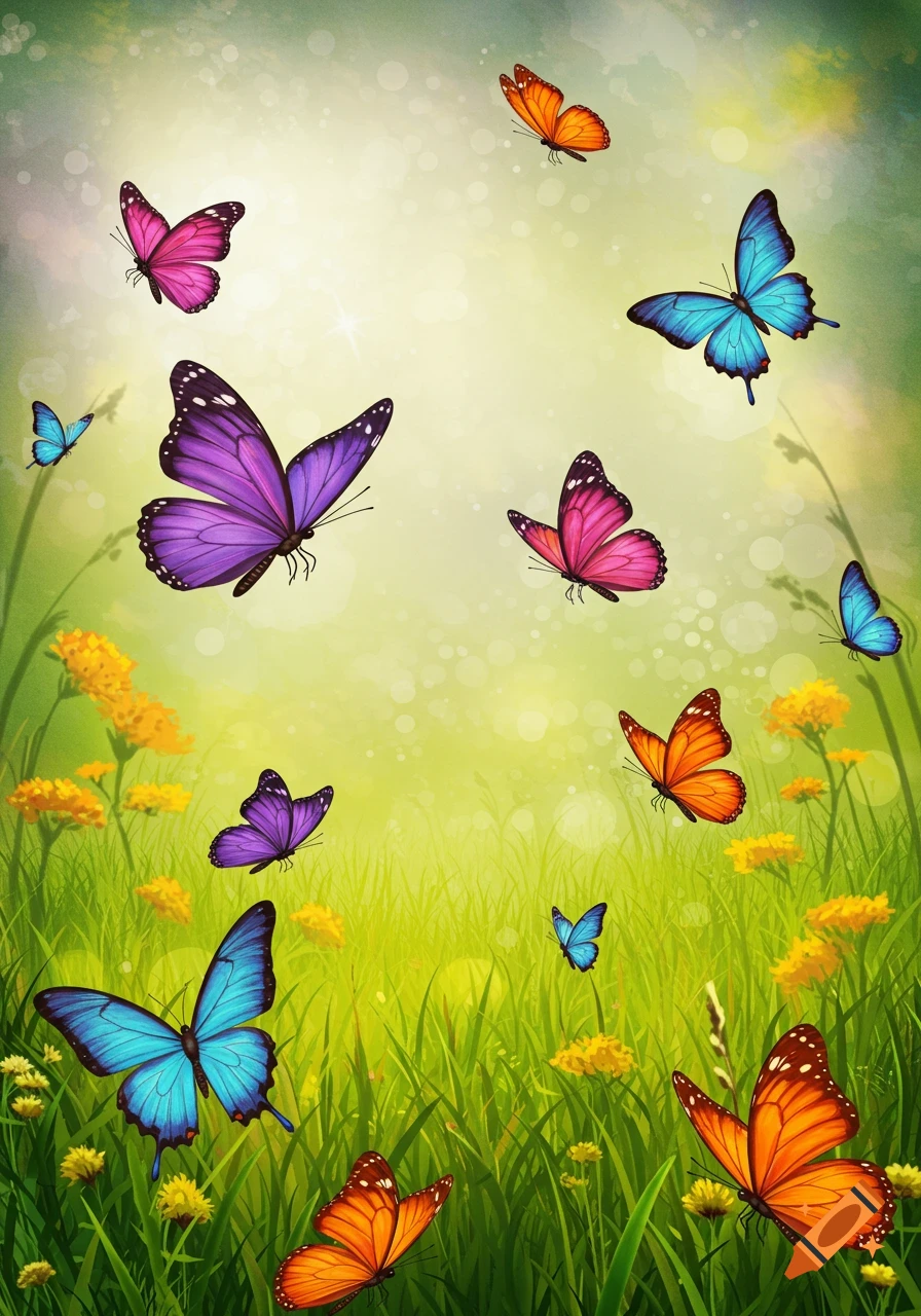 Colorful butterflies flutter over a green meadow with yellow flowers.