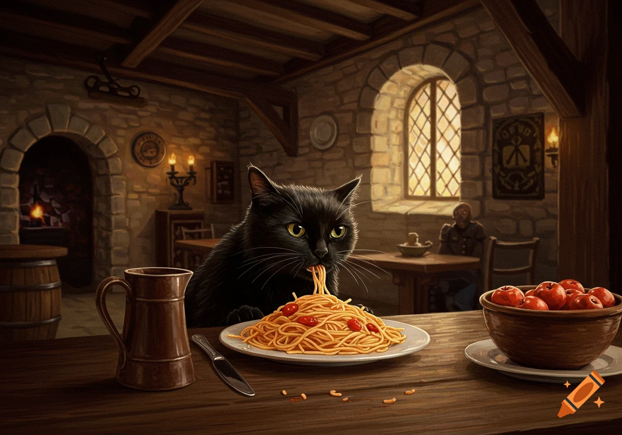 A black cat sits at a table in a medieval tavern, eating spaghetti from a plate, rendered in a painting style.