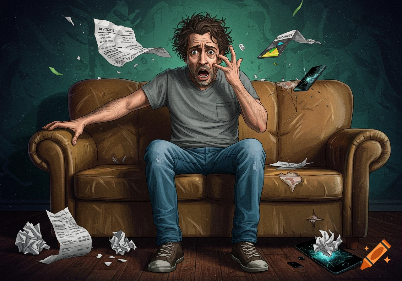 Stressed man on a couch surrounded by bills and a broken phone.