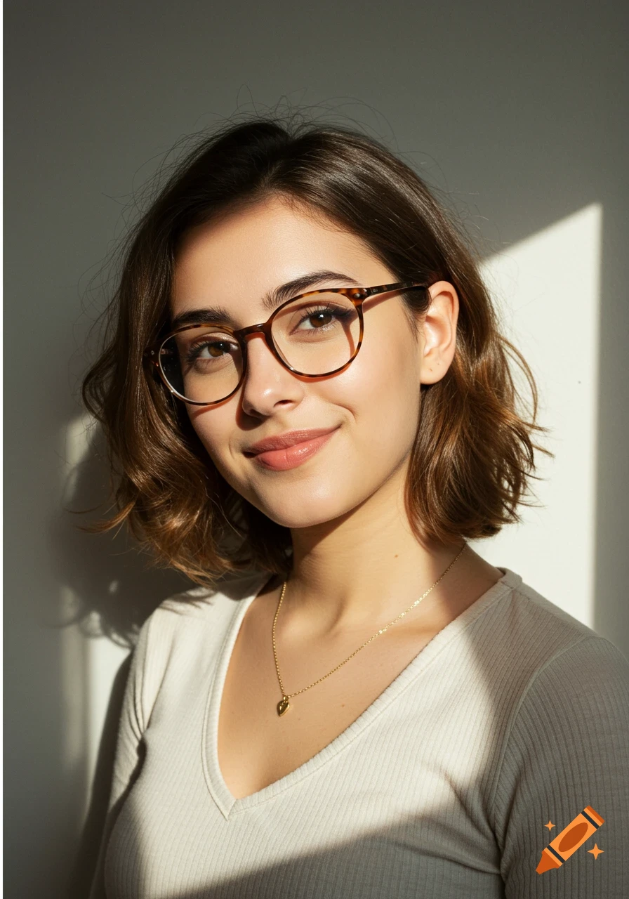 Portrait of a young woman with glasses smiling in sunlight.