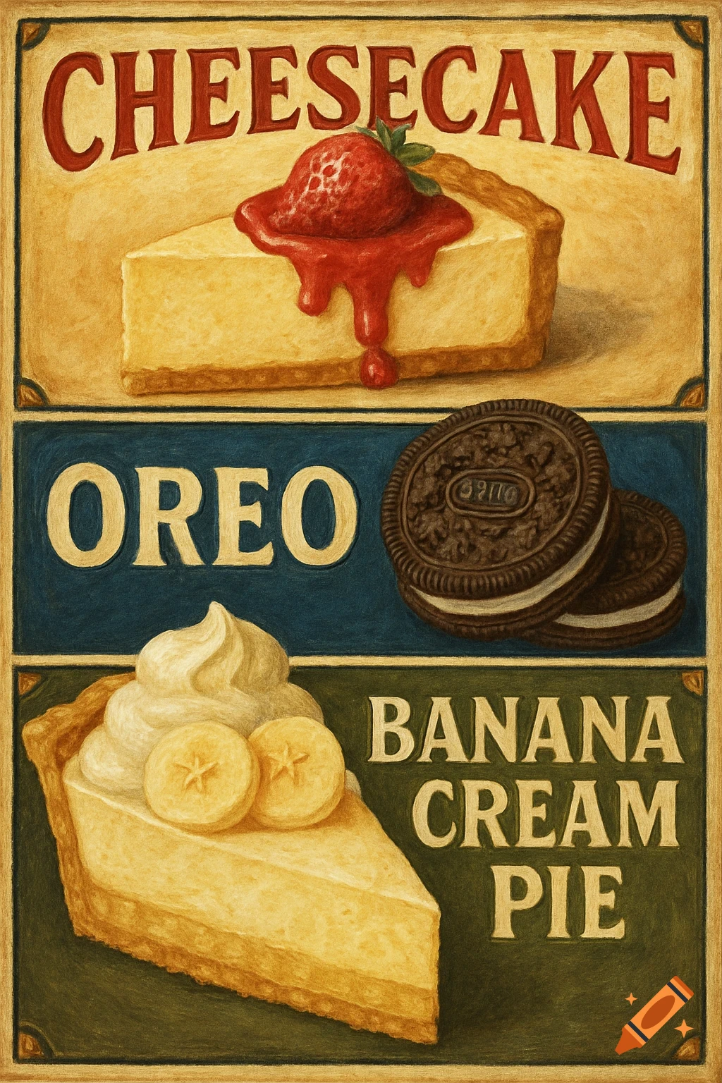 Vintage illustration food label for cheesecake, Oreo, and banana cream pie.