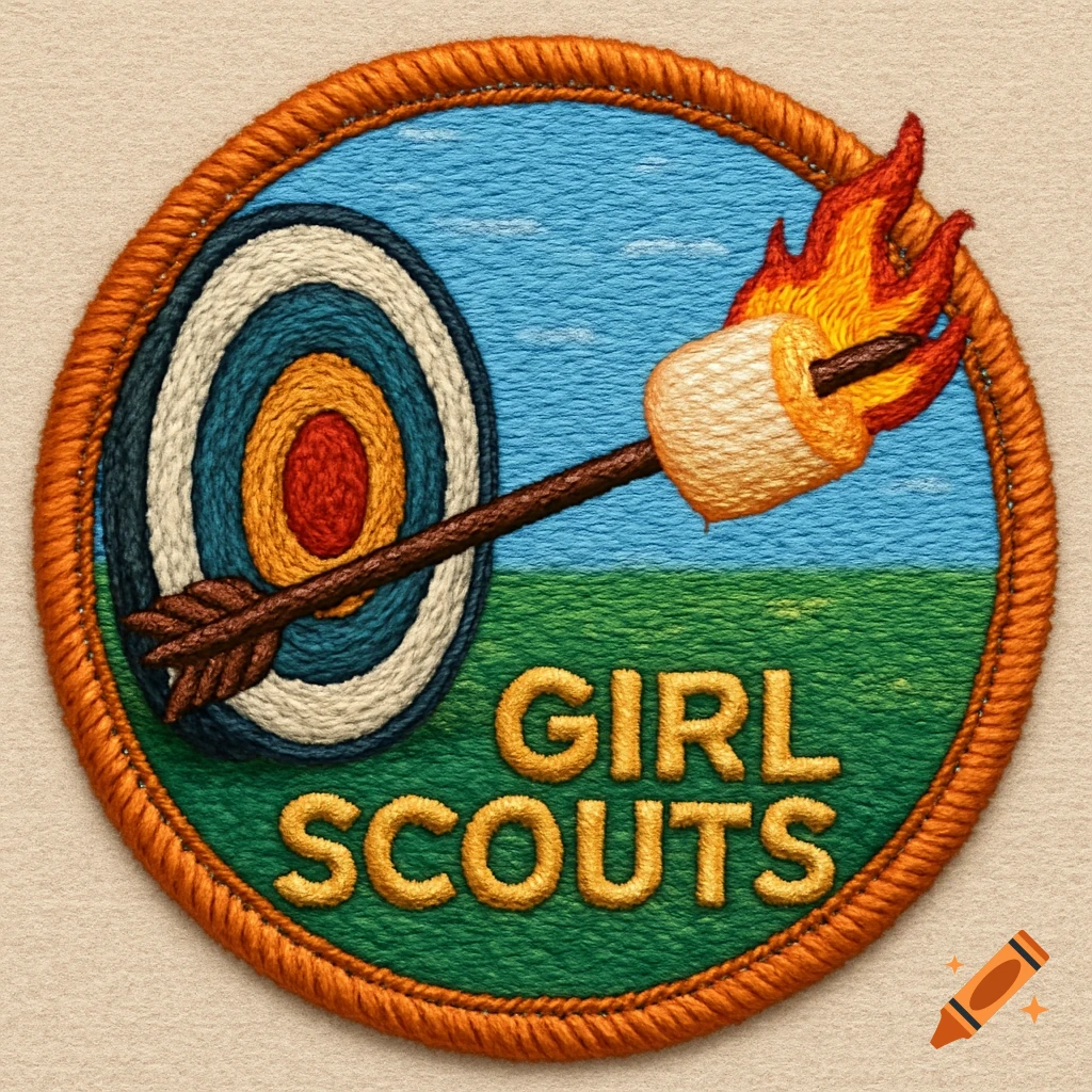 Embroidered patch with an archery target, arrow with flaming marshmallow, and 'Girl Scouts' text.