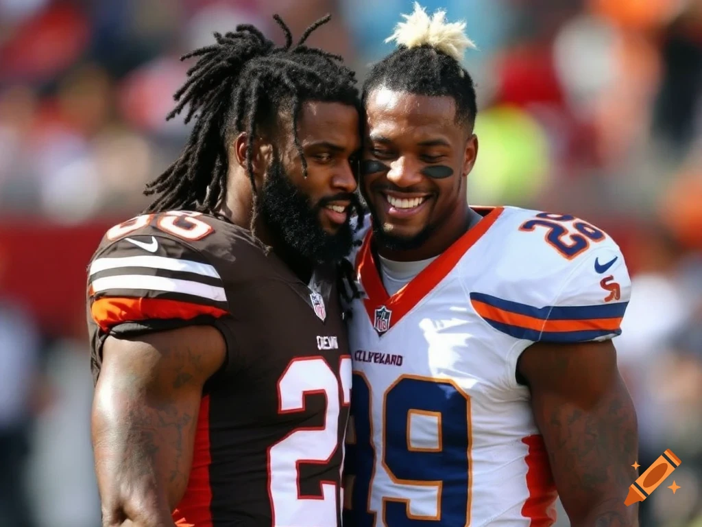 Two football players in opposing uniforms embrace on the field.