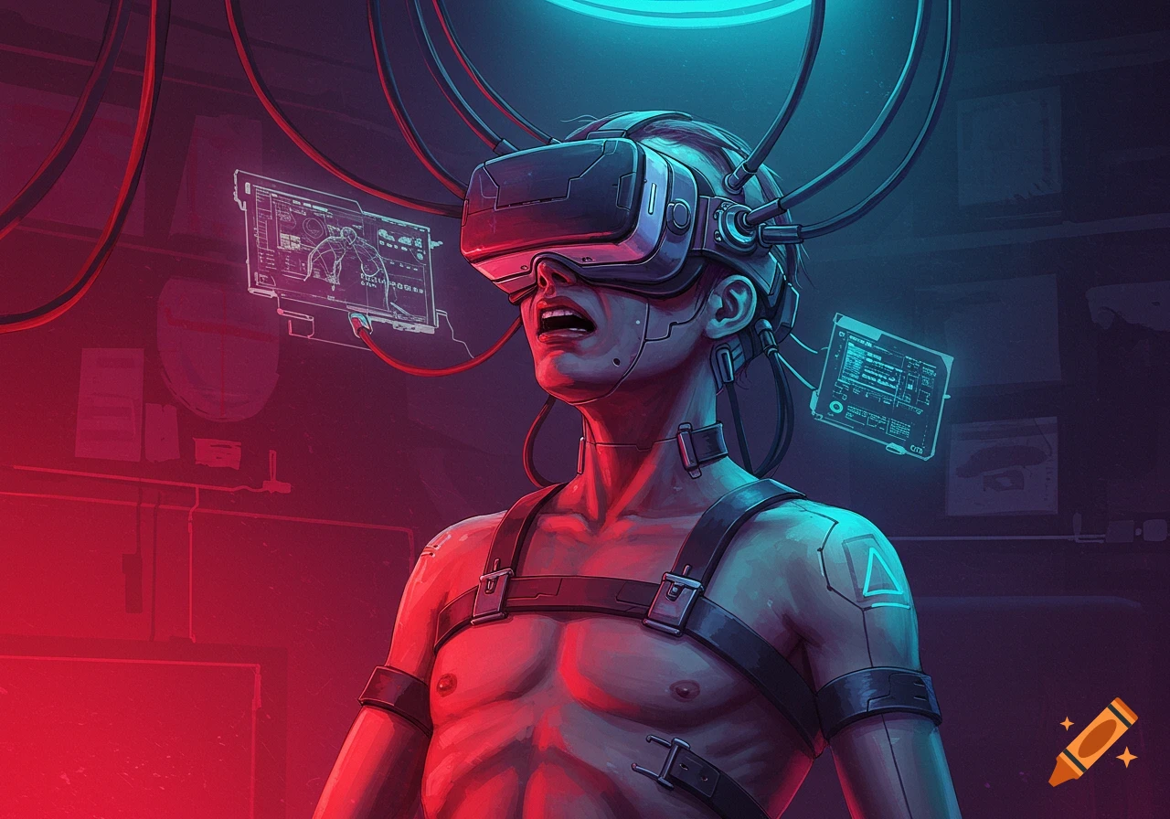 A person strapped with a futuristic VR headset and wires, looking distressed in a cyberpunk setting.