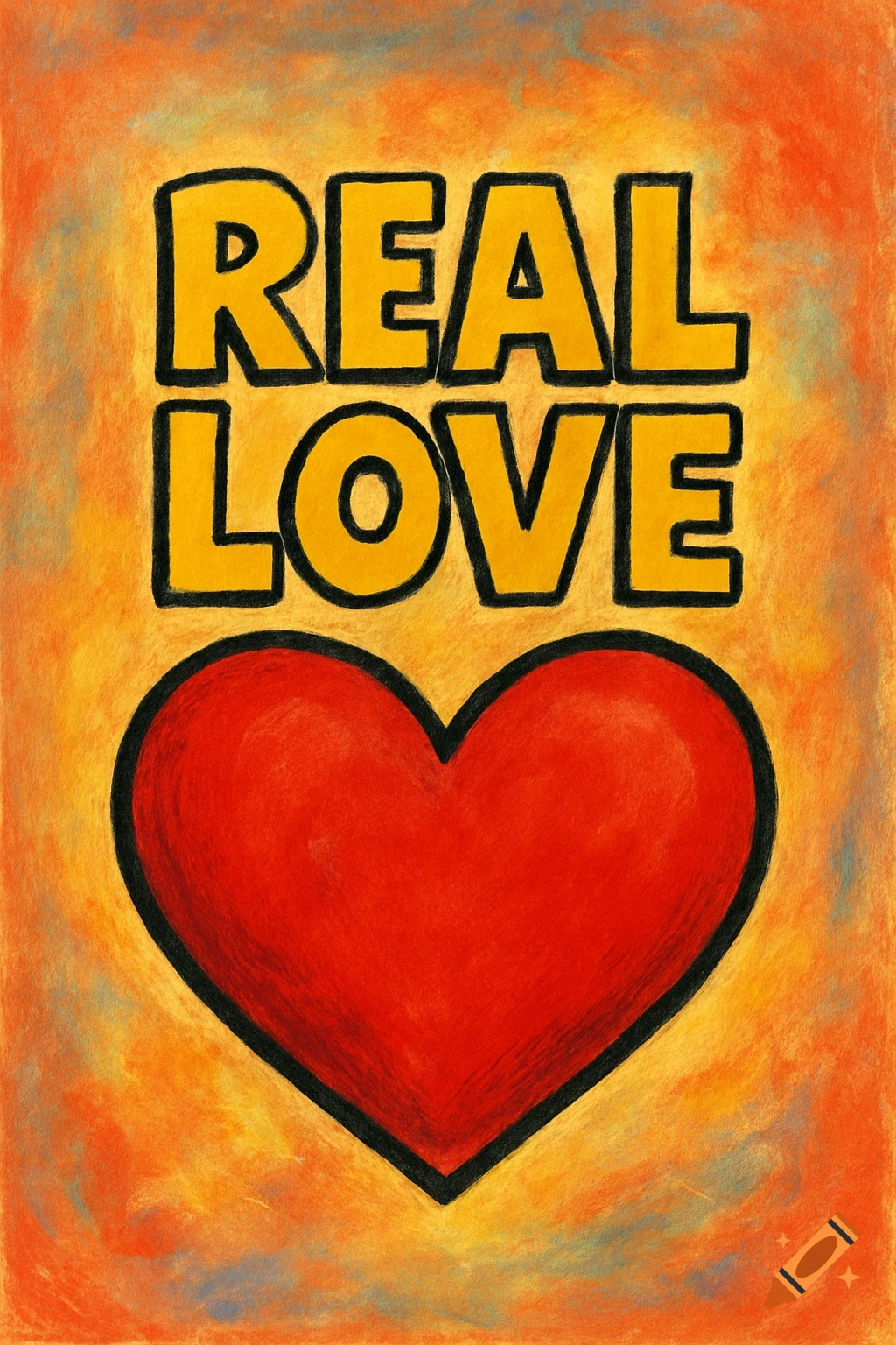 Red heart with yellow text 'REAL LOVE' on textured orange background in a graphic style.