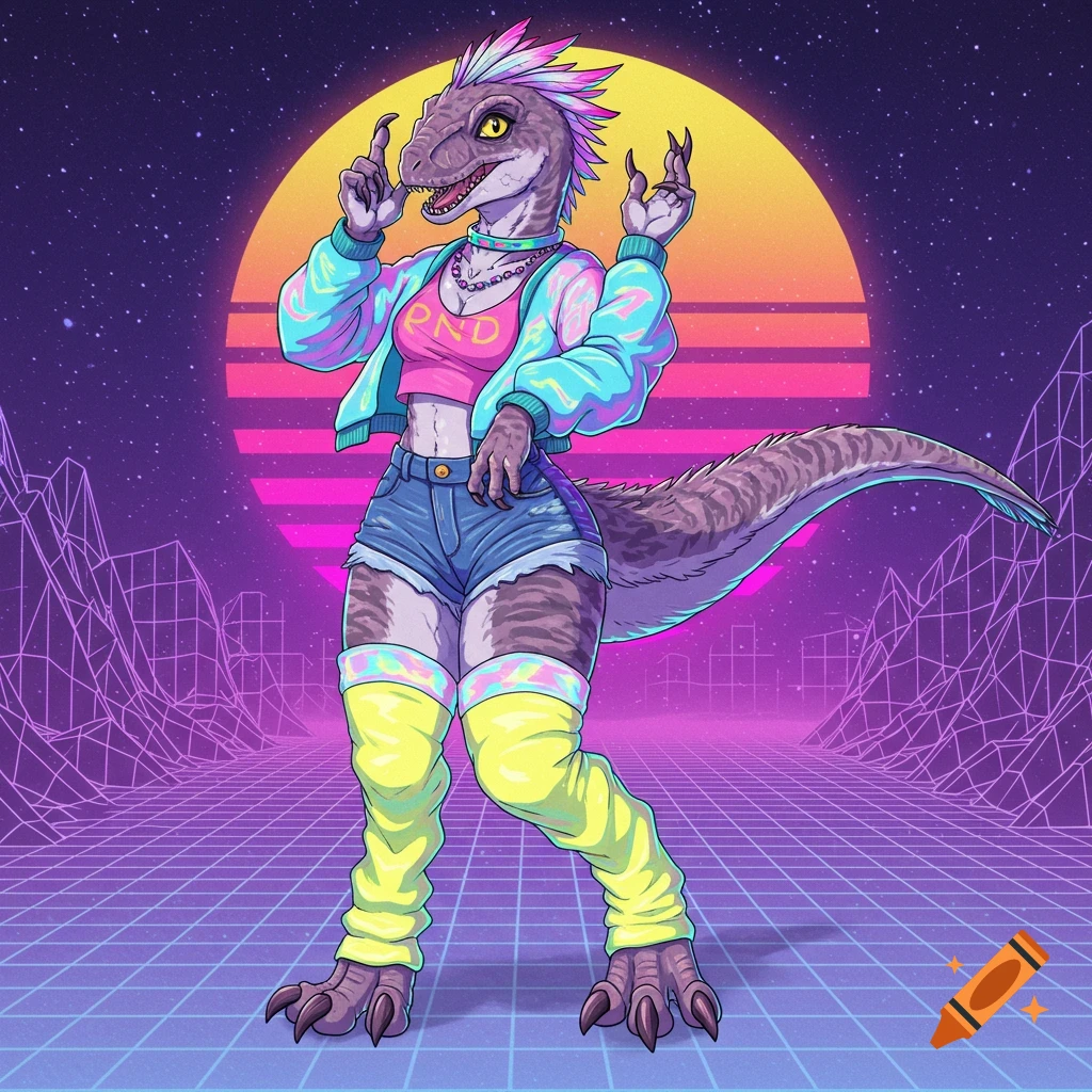 Anthro raptor in 80s vaporwave clothing stands in a glowing grid landscape.