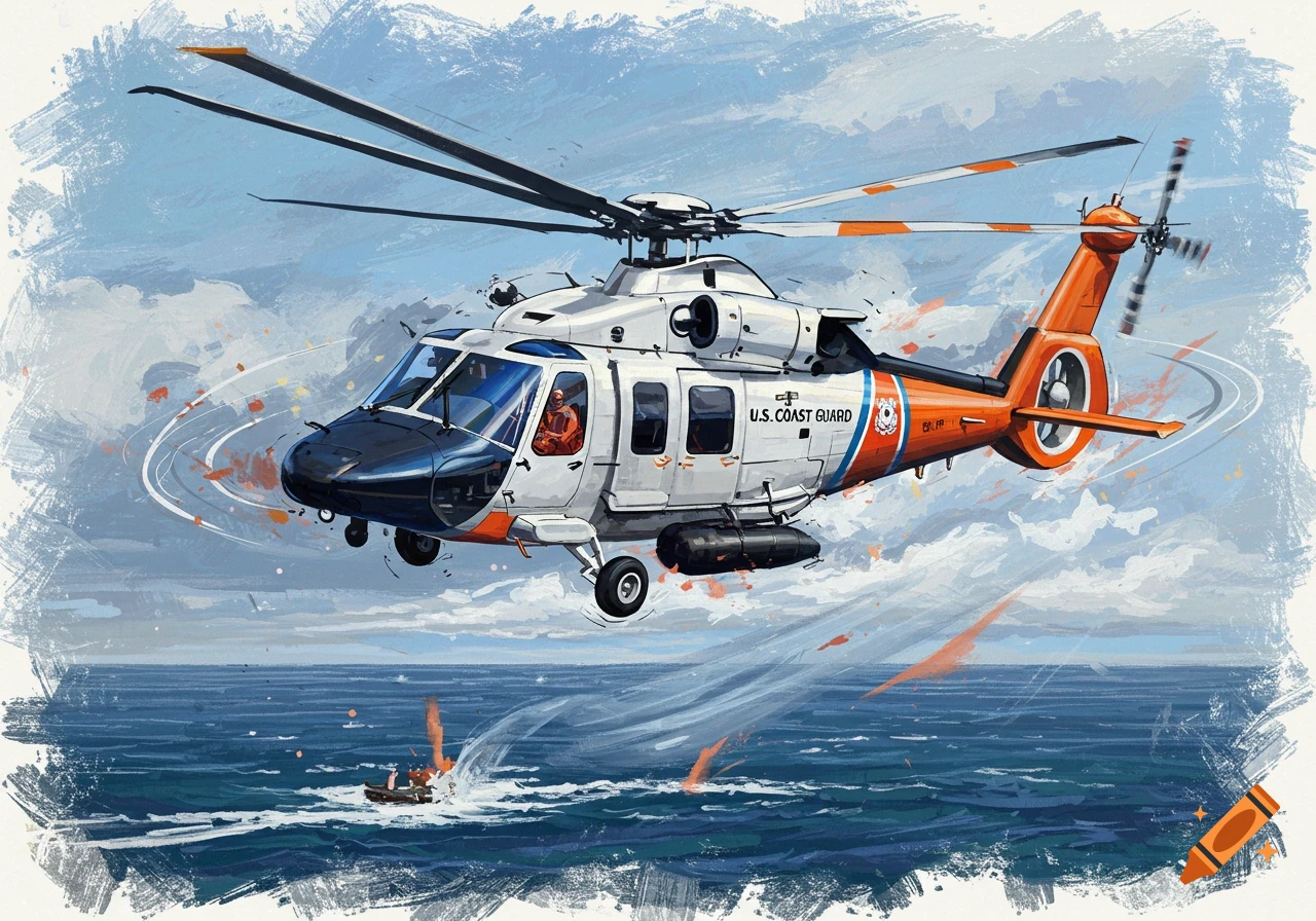 Painterly depiction of a Coast Guard helicopter hovering over a small boat at sea.