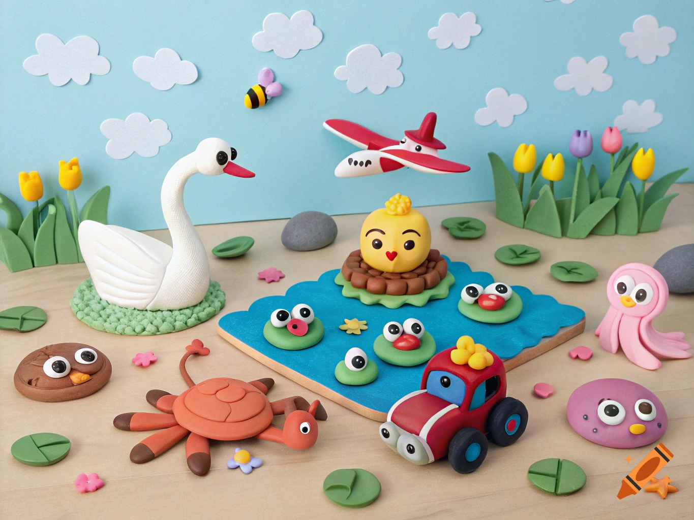 A colorful clay diorama featuring a swan, frogs, octopus, spider, bee, car, plane, chick, and owl among lily pads, tulips, and clouds.
