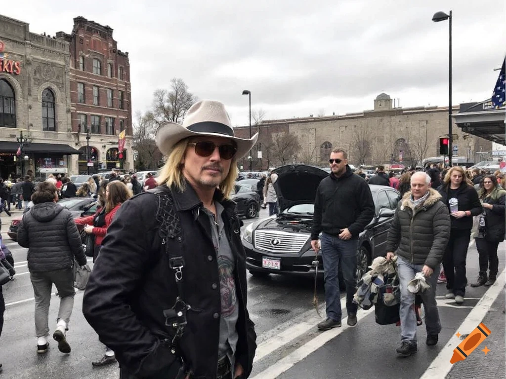 Man in a cowboy hat and sunglasses walks on a busy street.