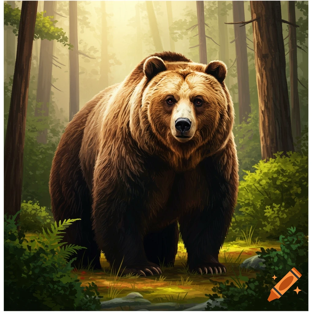 A large brown bear stands in a sunlit forest clearing.