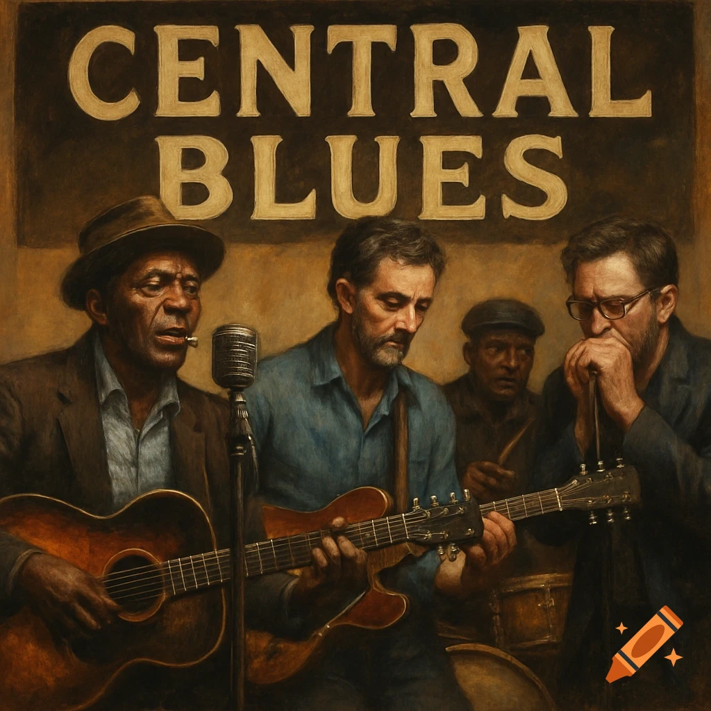 Painting of a blues band playing music with 'Central Blues' text above them.
