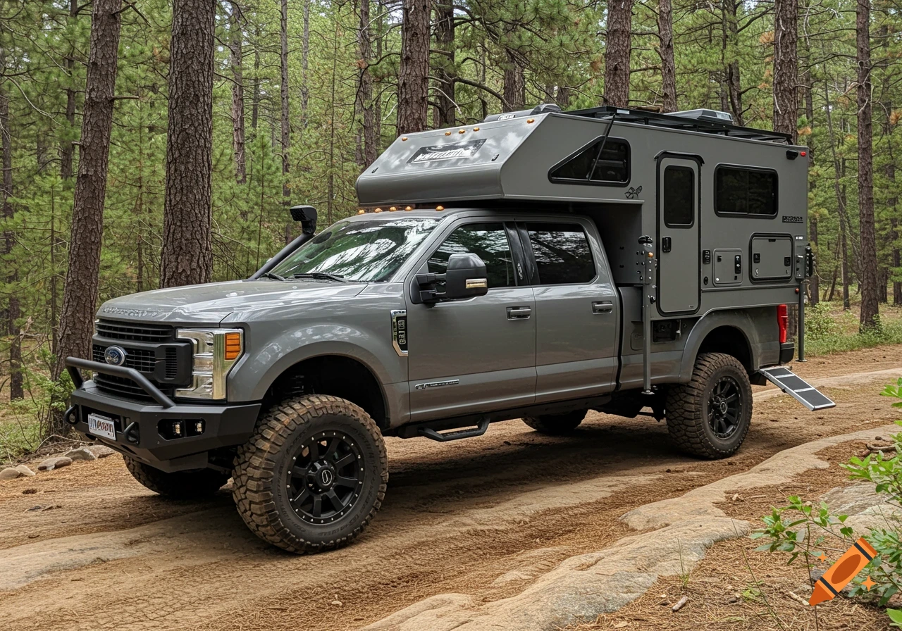 A gray Ford F-250 pickup truck with a camper shell parked on a dirt trail in a forest.