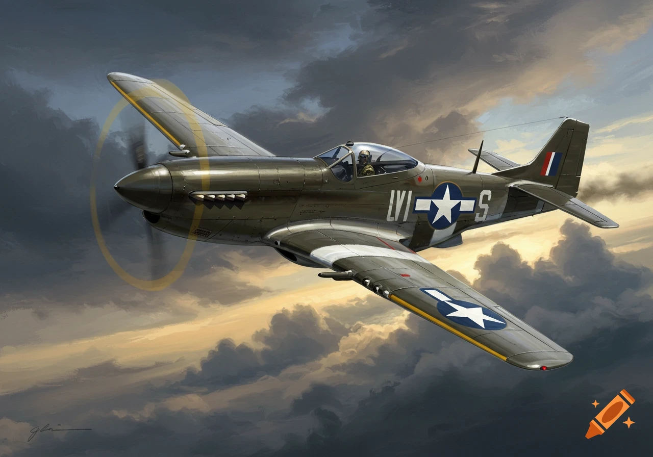 A WWII era military plane flying through clouds