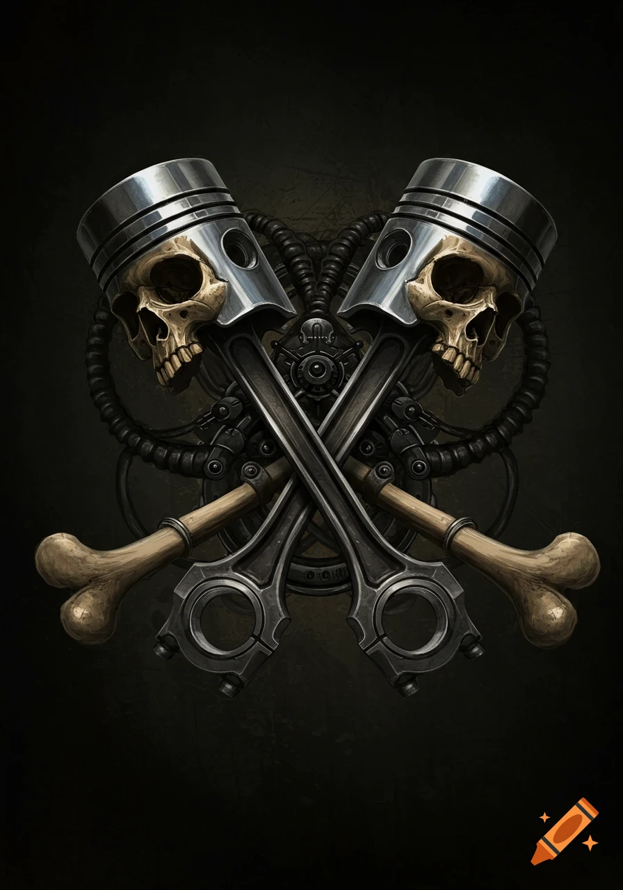 A stylized image of two skulls with pistons for heads and crossed femur bones set up like a pirate crossbone symbol.
