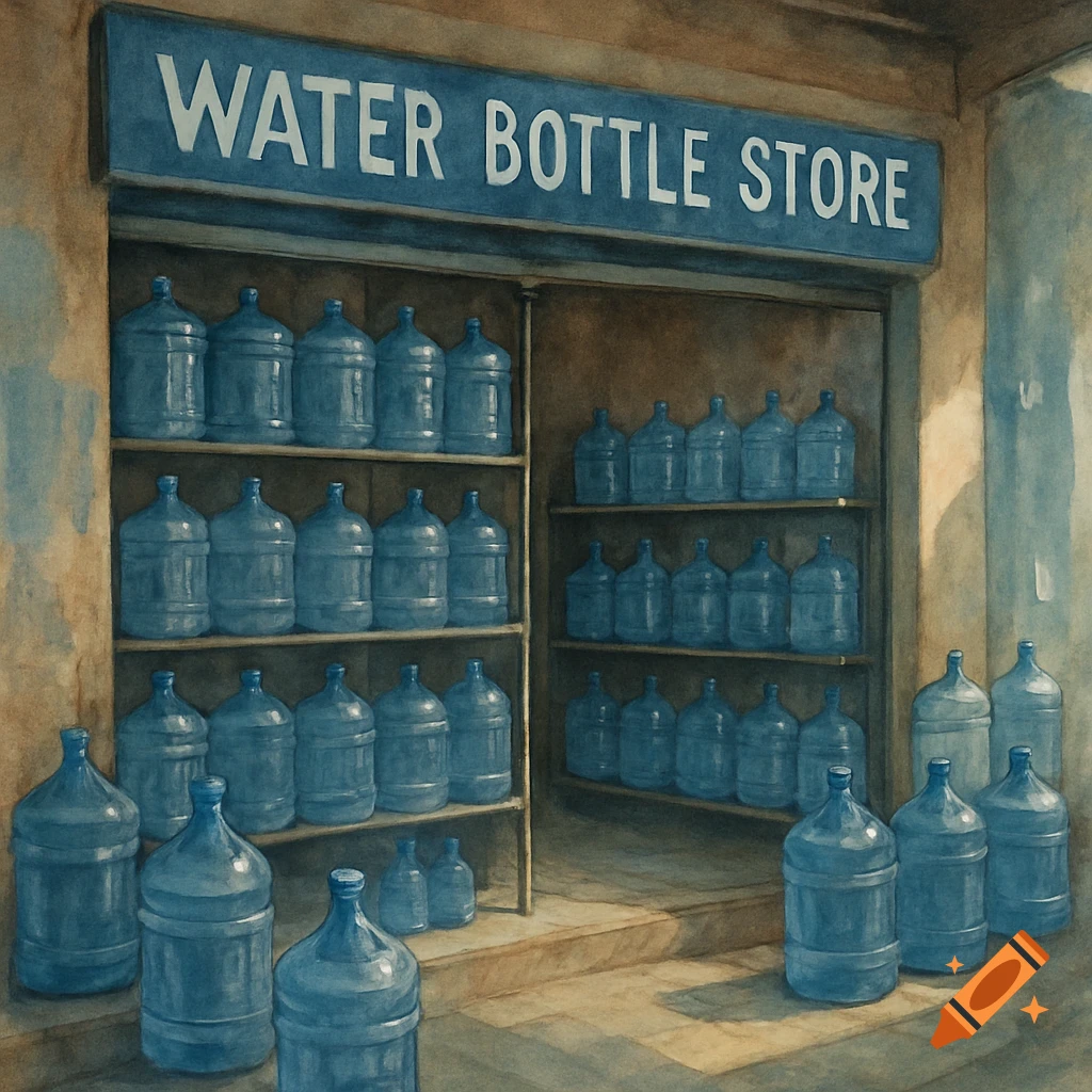 A store with a sign reading "WATER BOTTLE STORE" filled with large blue water bottles, in watercolor style.