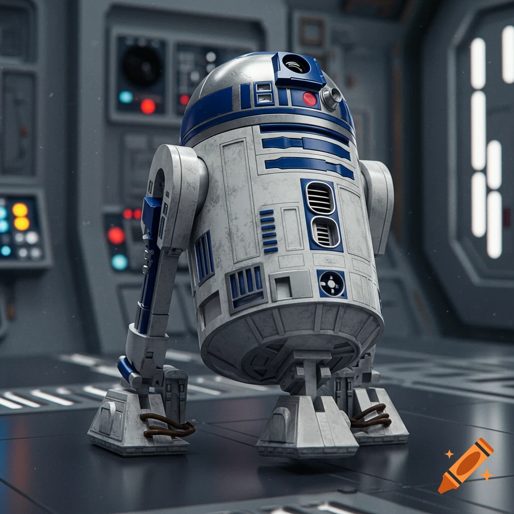 A robot resembling R2-D2 stands in a spacecraft corridor. Realistic 3D ...