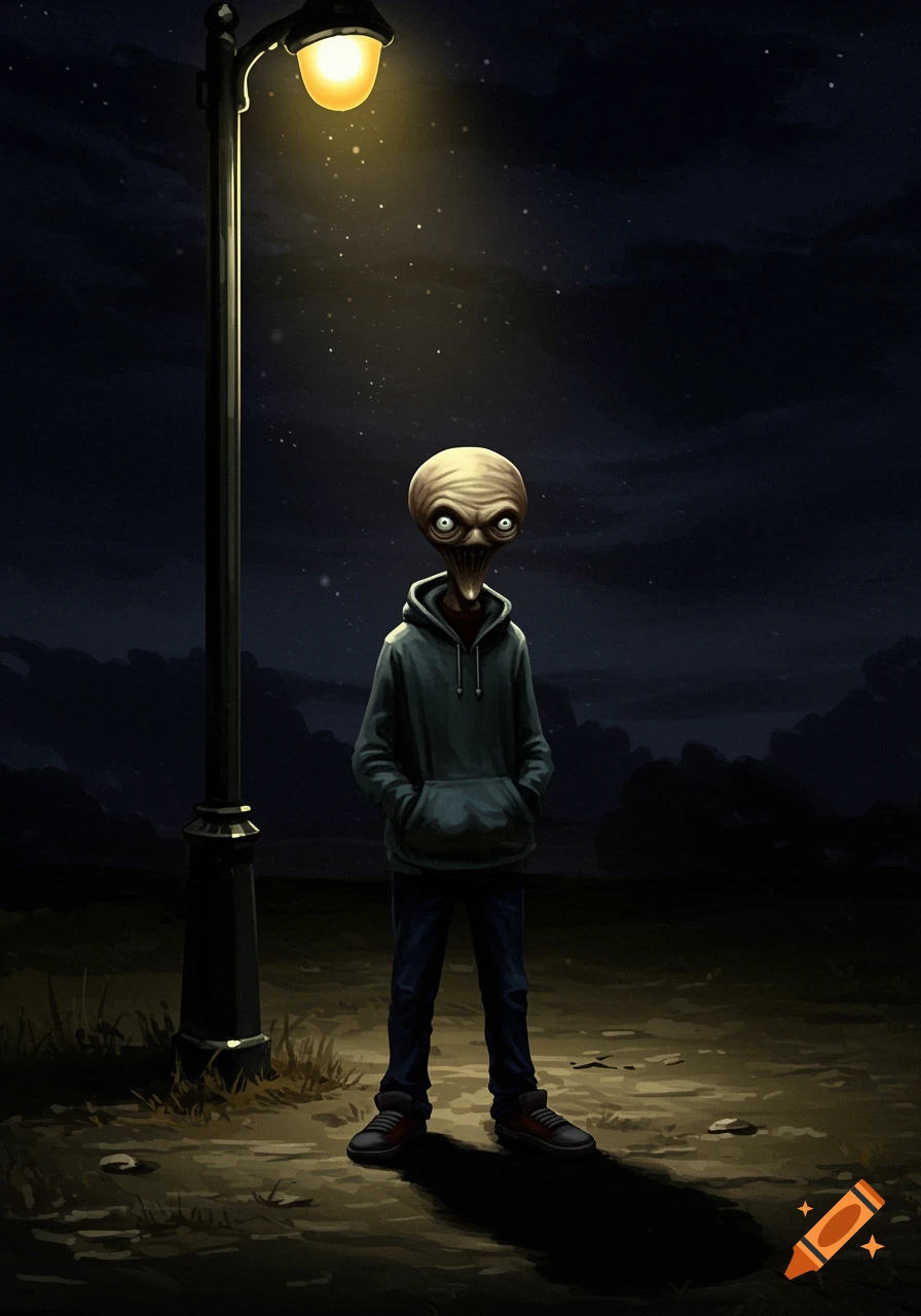 Eerie creature in a hoodie stands under a lamppost at night with hands in pockets.