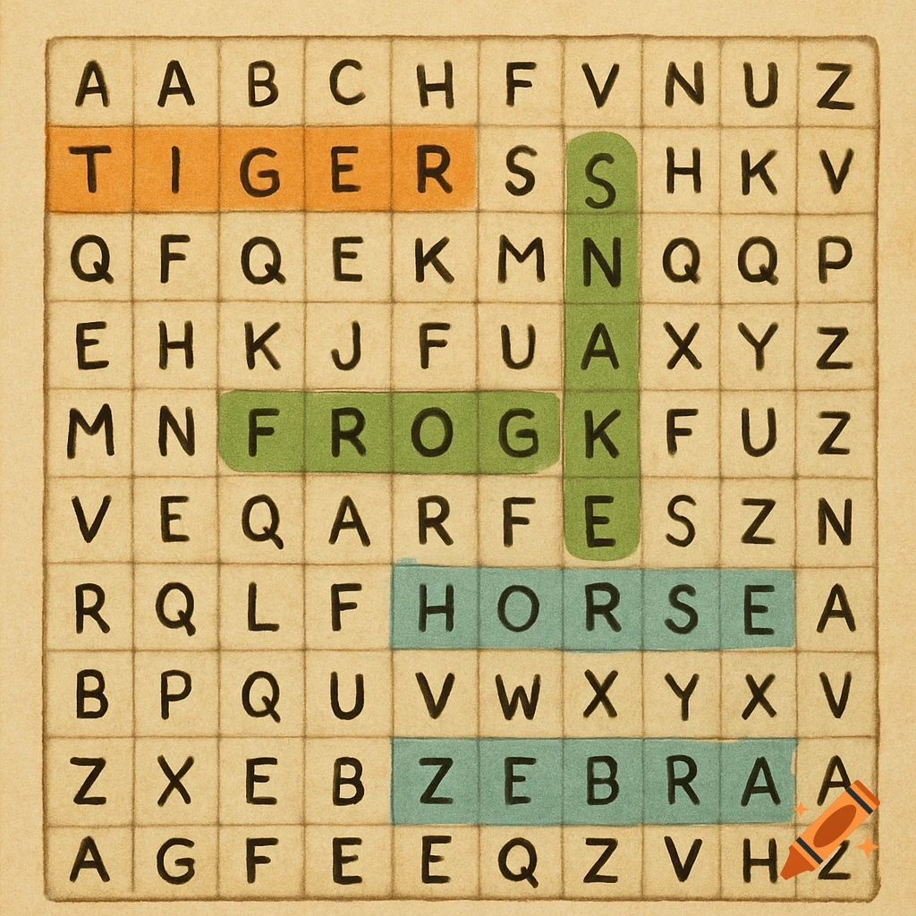Animal word search puzzle grid with letters, showing words like tigers, frog, snakes, horse, and zebra highlighted.