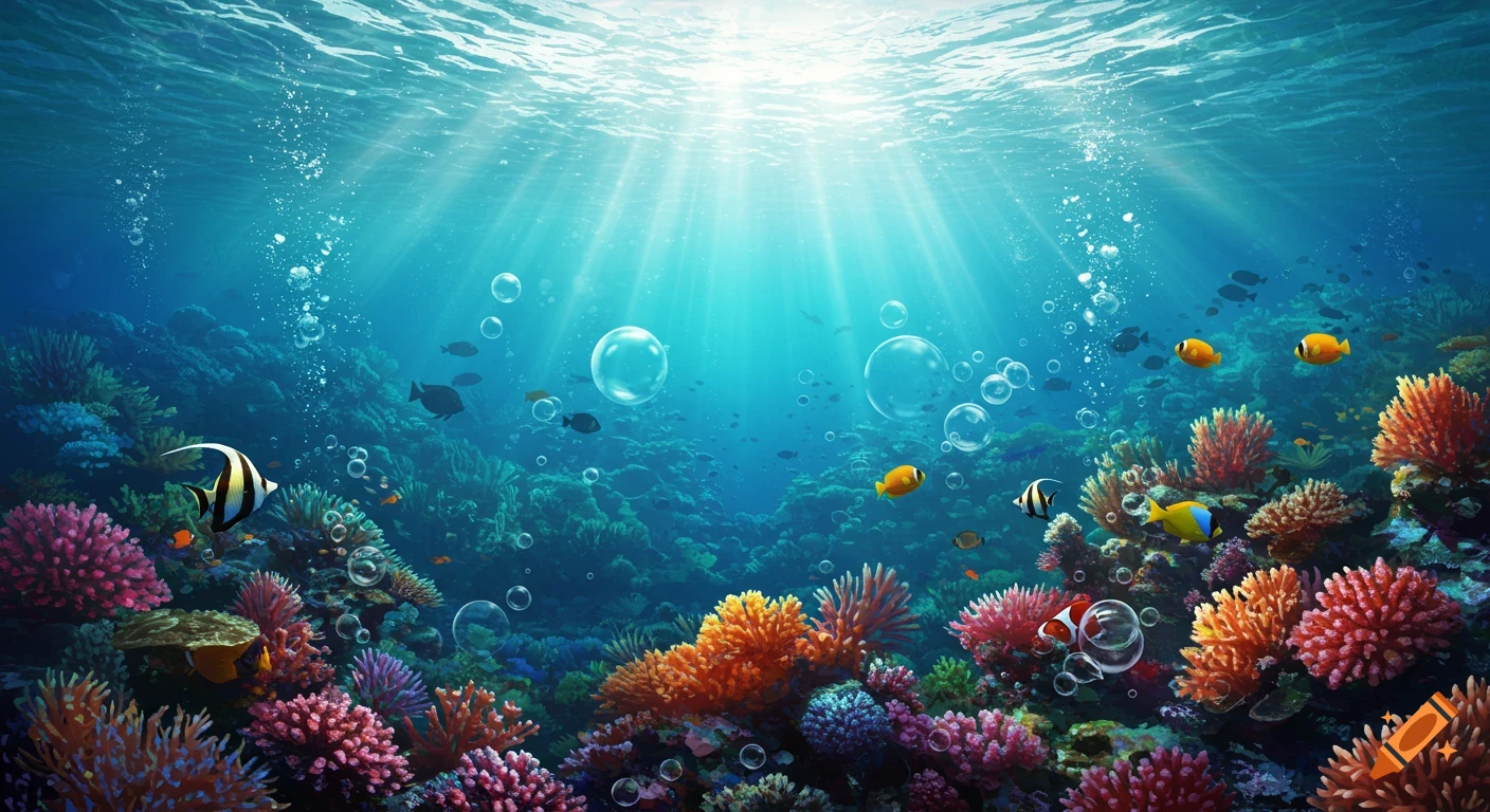 Underwater coral reef with colorful fish, bubbles, and rays of light from the surface.