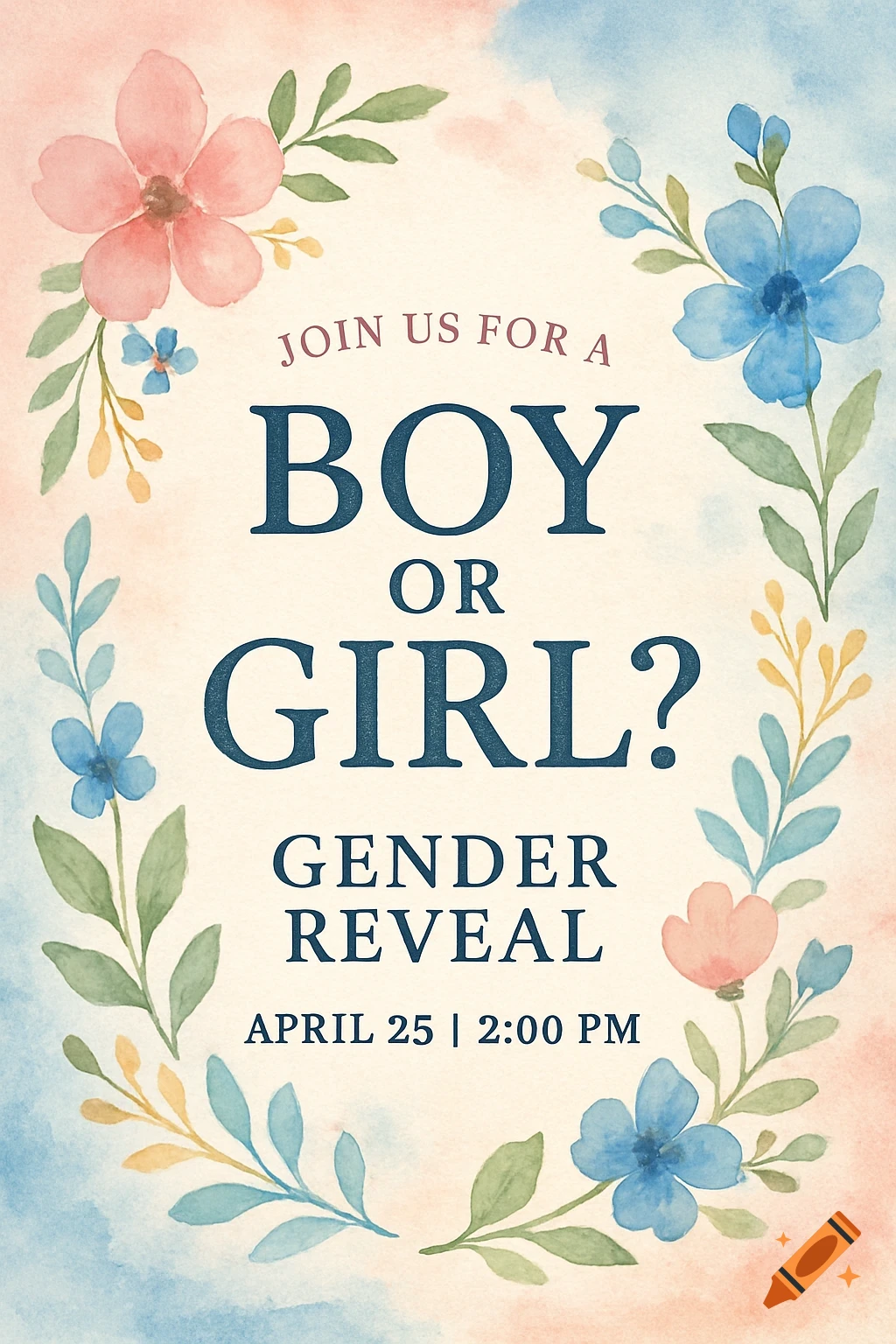 Watercolor gender reveal invitation with pink and blue flowers and text