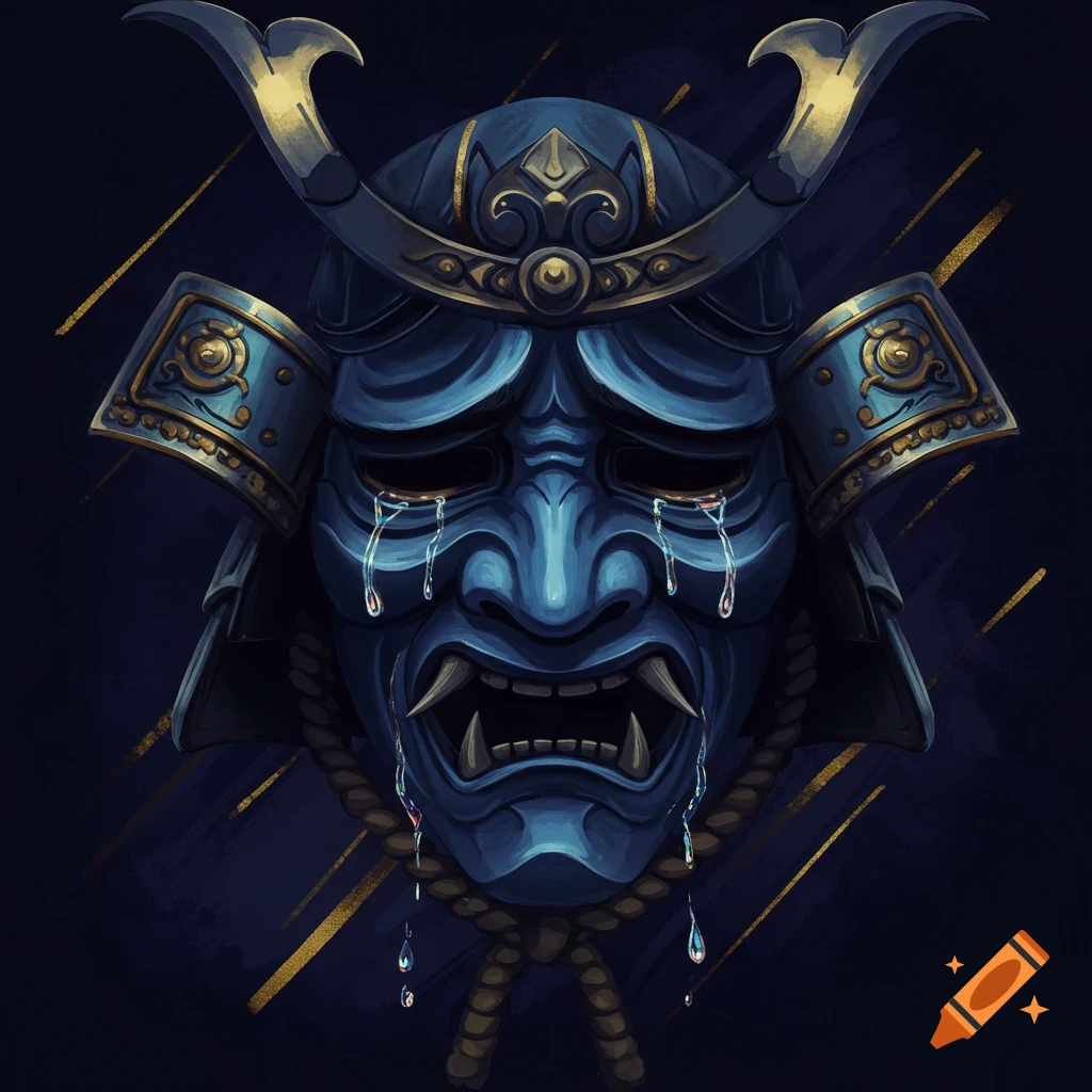 Blue samurai mask with tears, illustration