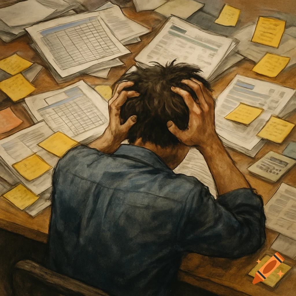 Painting of a person holding their head in their hands at a cluttered desk covered in papers and sticky notes.