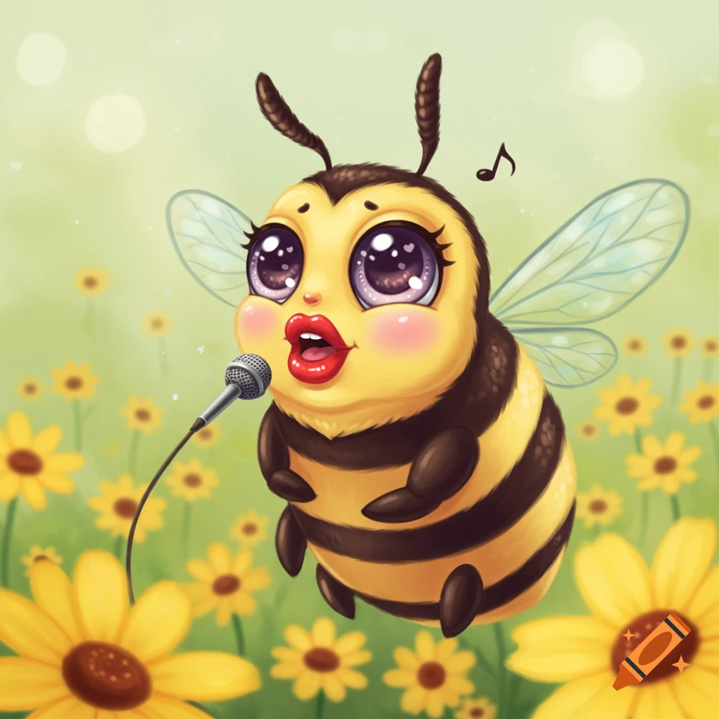 Cute cartoon bee with big eyes and red lips singing into a microphone in a field of yellow flowers.