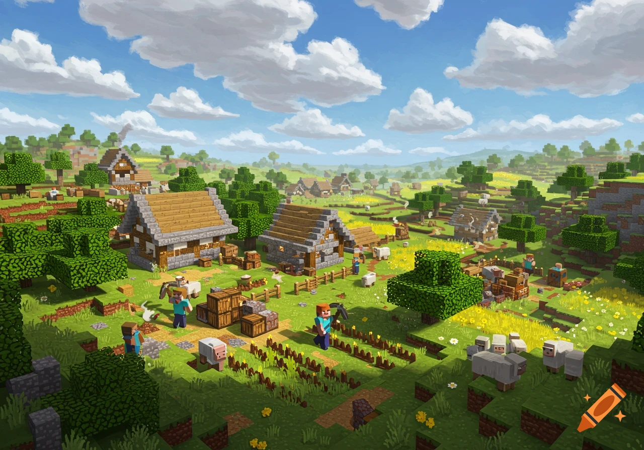 Minecraft village scene with players, animals, houses, and farmland under a sunny sky.