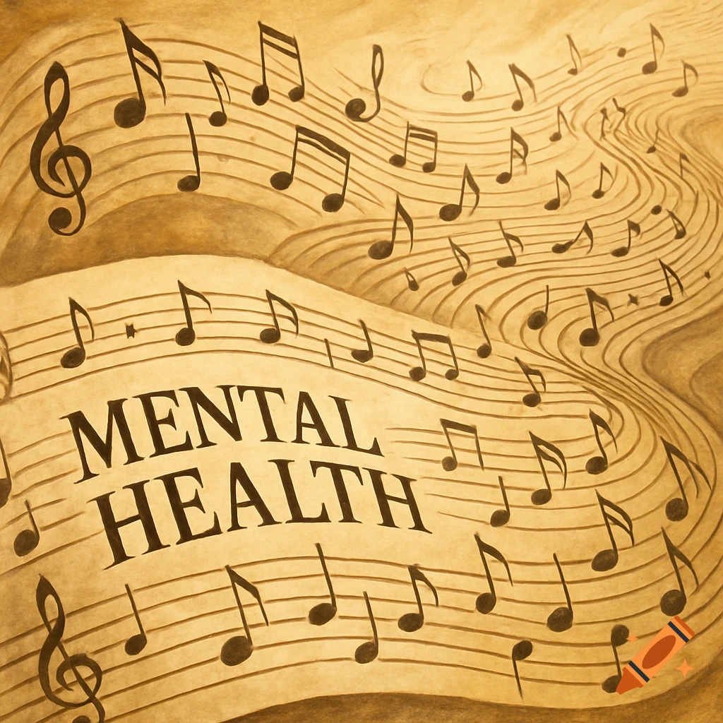 Musical notes and symbols on flowing sheet music with the words Mental Health.