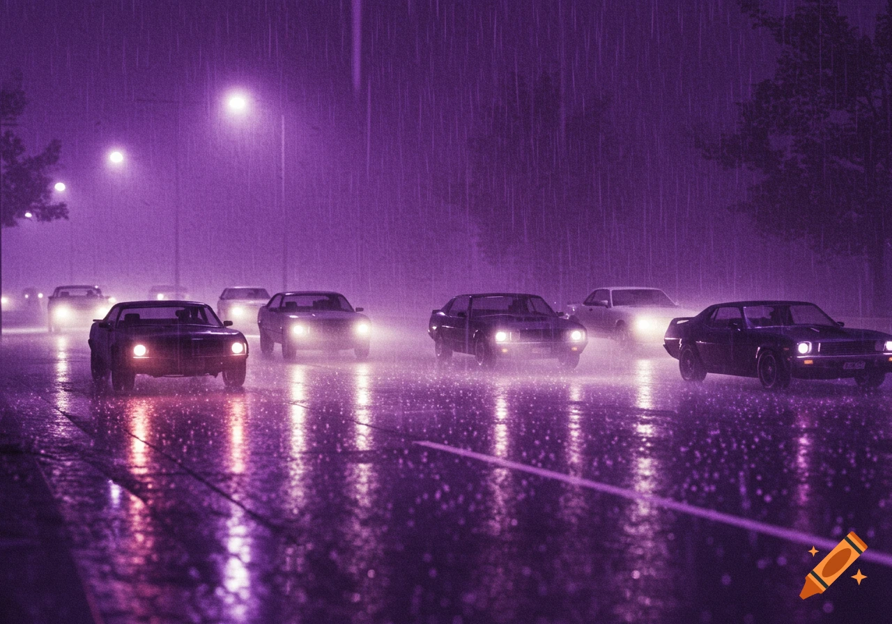 Cars drive on a wet street under purple streetlights during a rain shower.