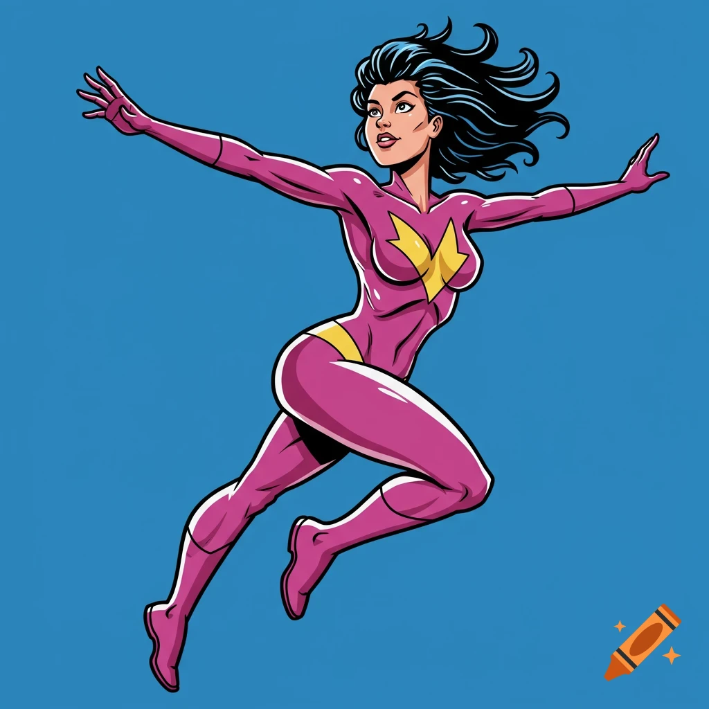 Female superhero in pink suit with yellow accents leaping against a blue background, comic book style