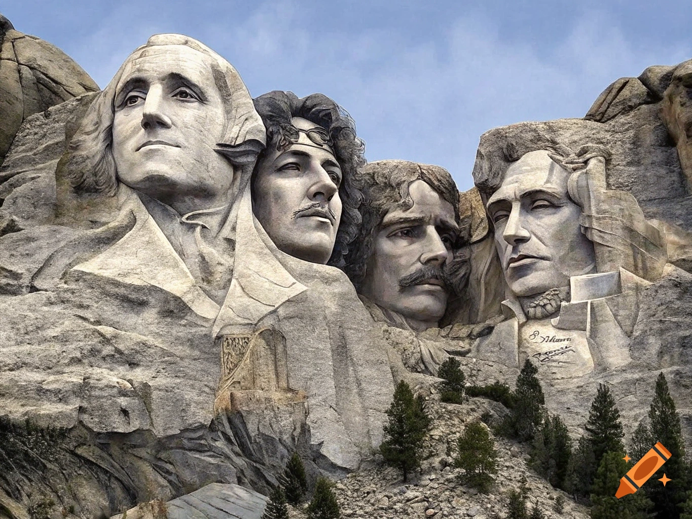 Mount Rushmore carved with George Washington and rock musicians