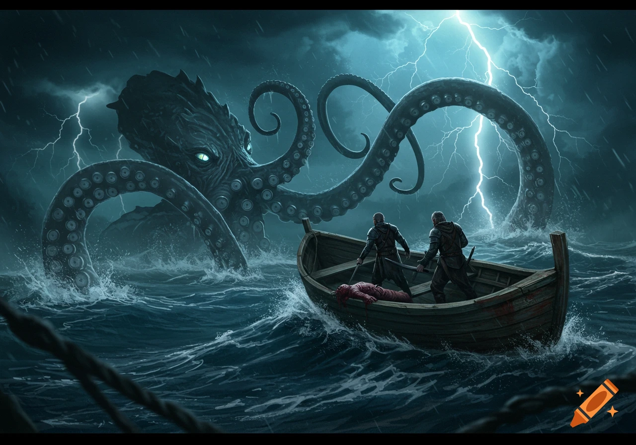 A giant kraken attacks a boat with two warriors and a dead body during a thunderstorm at sea.