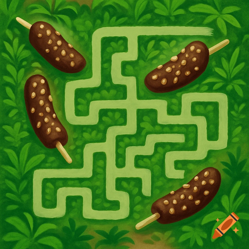 An illustration of a jungle maze with four chocolate-covered banana popsicles.