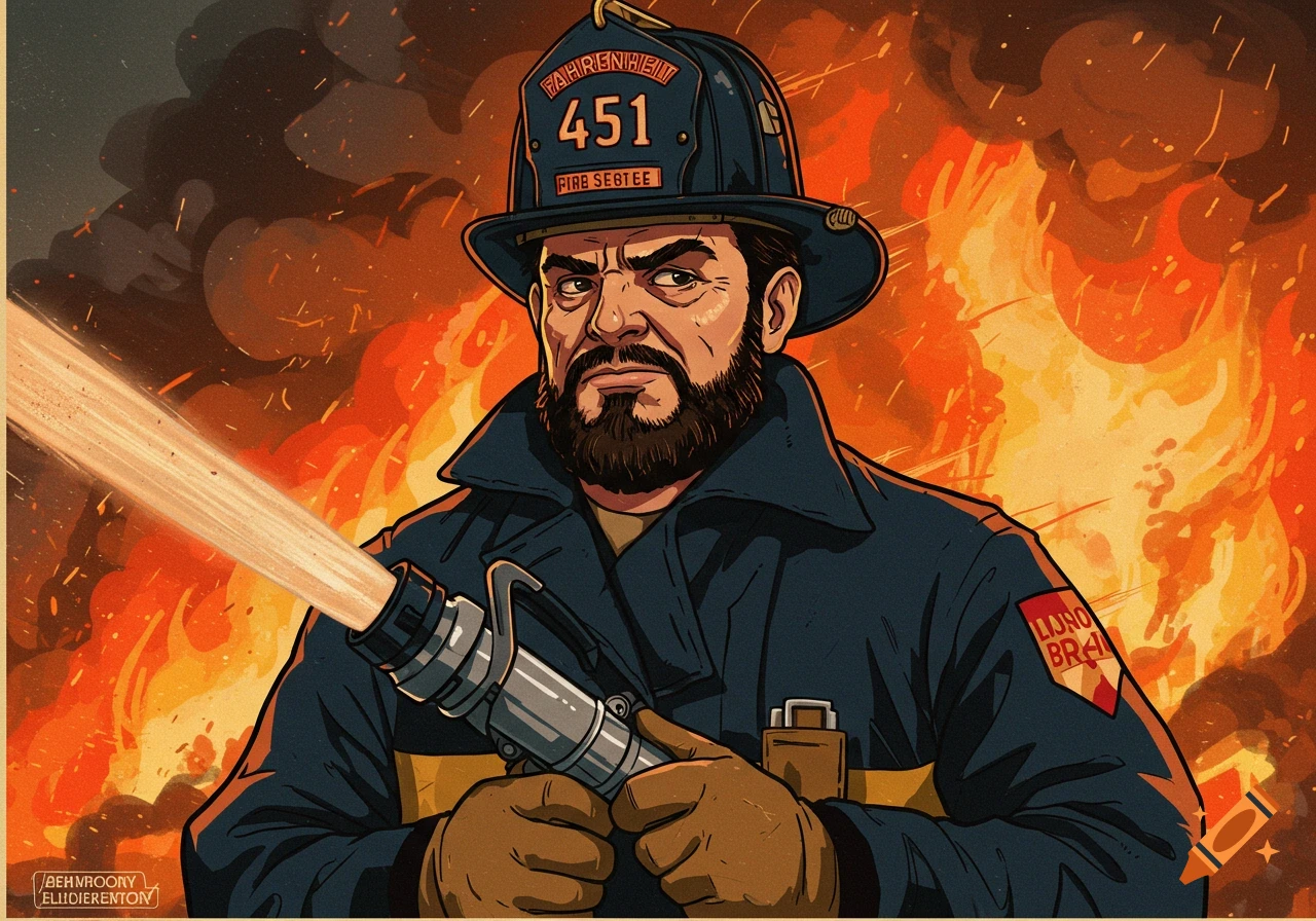 Stylized portrait of a firefighter in front of flames, holding a hose.